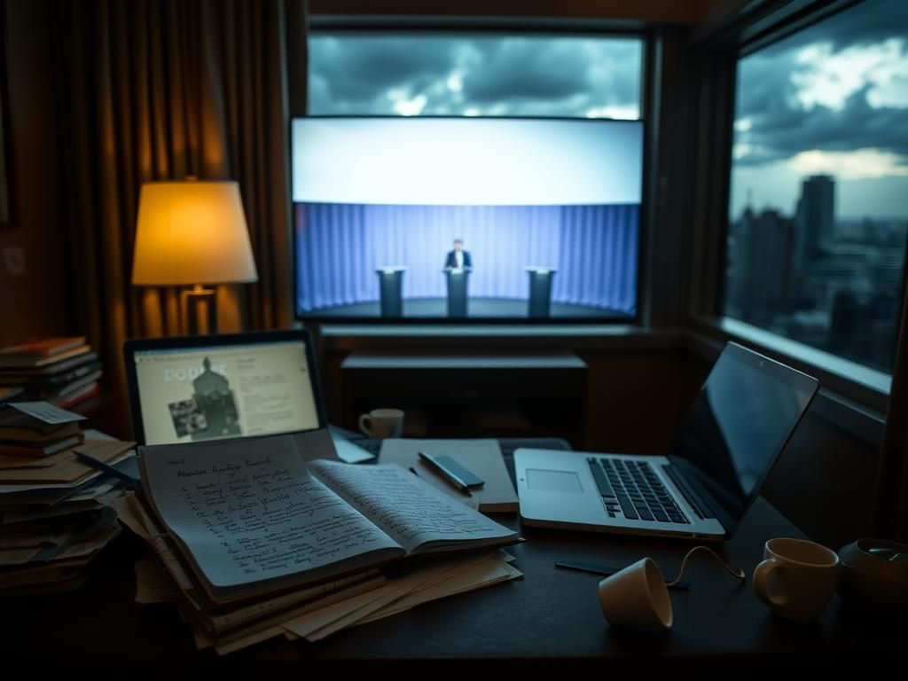Flick International Dimly lit hotel room with a cluttered desk, capturing the tense atmosphere before the debate.