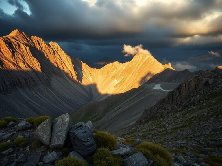 Flick International A rugged alpine scene of Cloud Peak summit in Wyoming's Bighorn Mountains, featuring steep cliffs and a worn backpack under a rocky ledge.