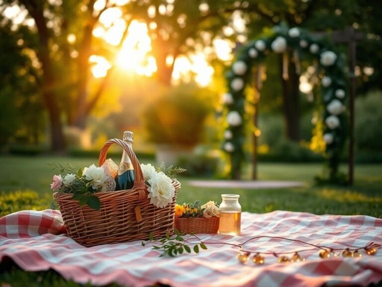 Flick International Outdoor engagement picnic setup in a serene garden during golden hour