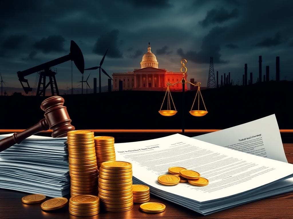 Flick International A courtroom scene featuring legal documents and gold coins symbolizing trial lawyers' financial motives