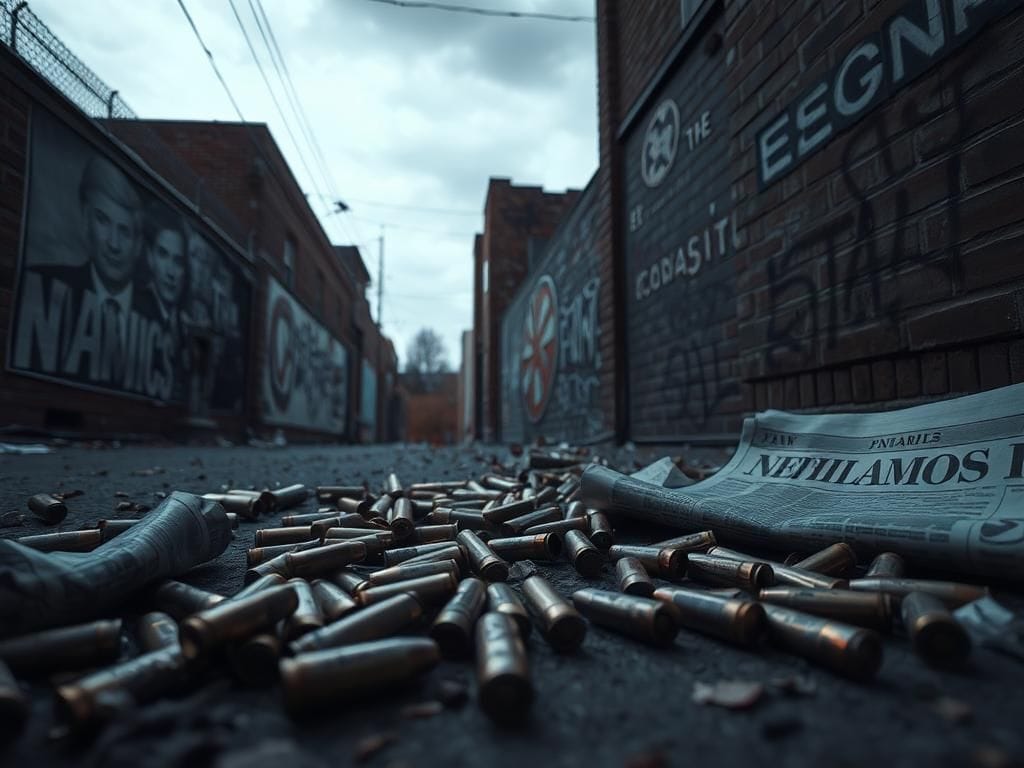 Flick International A somber urban alleyway in Utah after a political assassination, littered with bullet casings and newspapers.