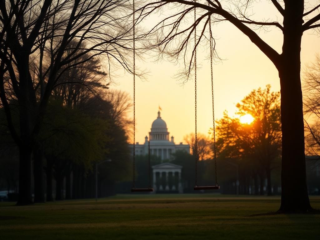 Flick International Serene landscape of a tree-lined park at dusk with warm golden light and empty swings symbolizing shared parenting