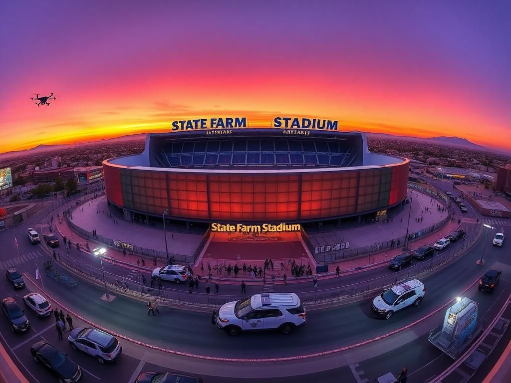 Flick International Panoramic view of State Farm Stadium with security measures in place at Charlie Kirk's memorial