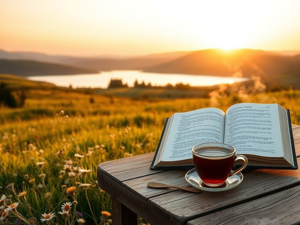 Flick International Serene landscape of a sunrise over a lake with a Bible and tea signifying faith and reflection