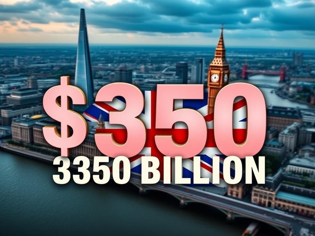 Flick International Aerial view of London's skyline featuring the Shard and Big Ben with a $350 billion tech investment overlay