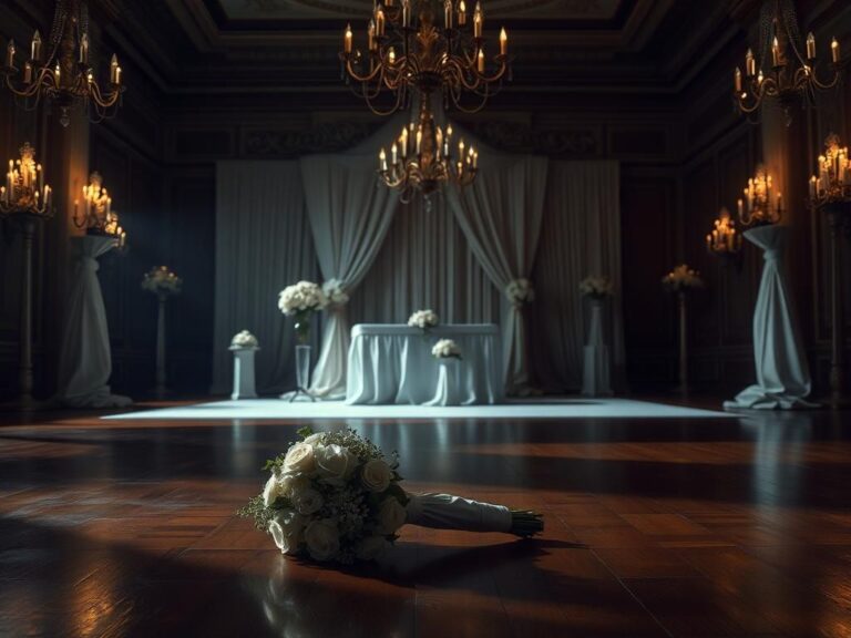 Flick International Abandoned wedding bouquet on the polished floor of a dimly lit ballroom