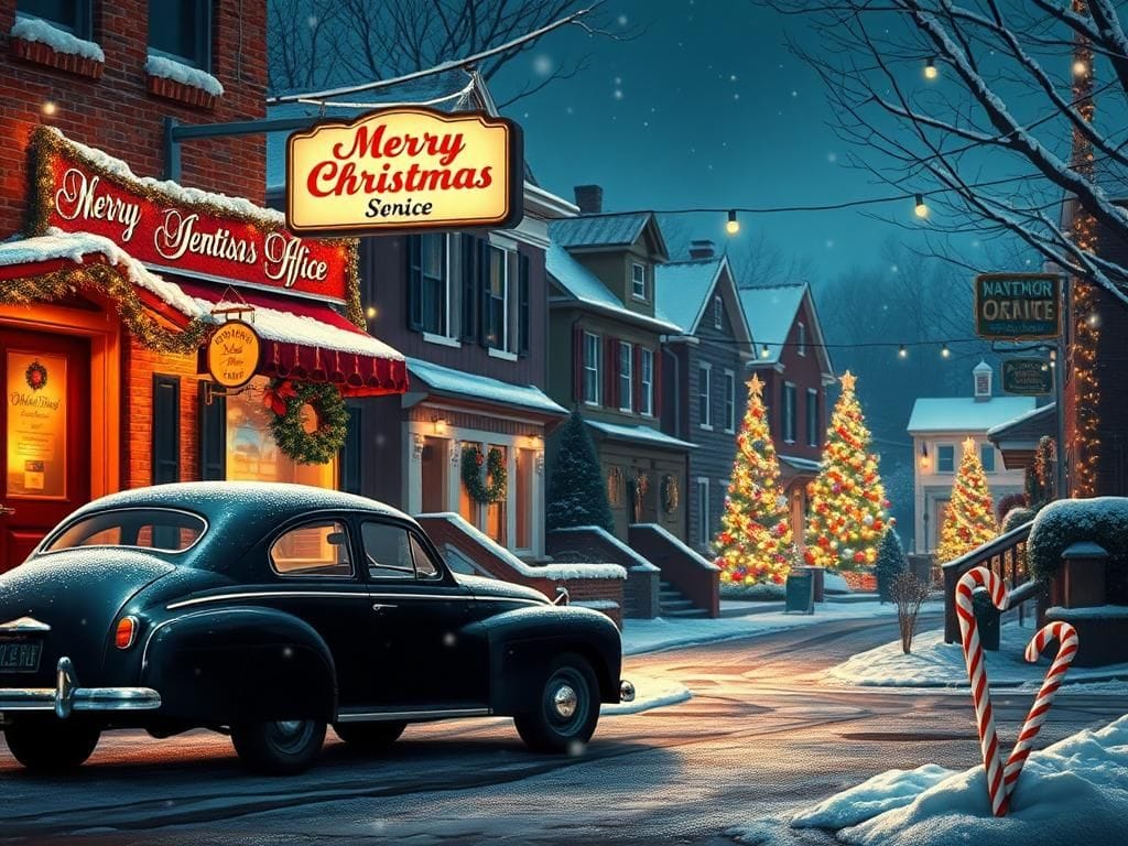 Flick International Cozy Christmas scene in a charming Baltimore neighborhood with snow-dusted houses and festive decorations