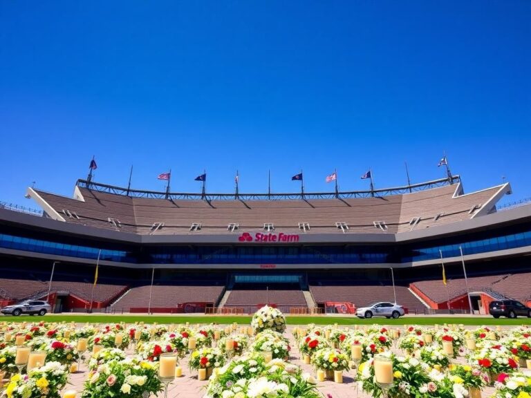 Flick International Grand view of State Farm Stadium with flags at half-mast for Charlie Kirk's memorial service in Arizona