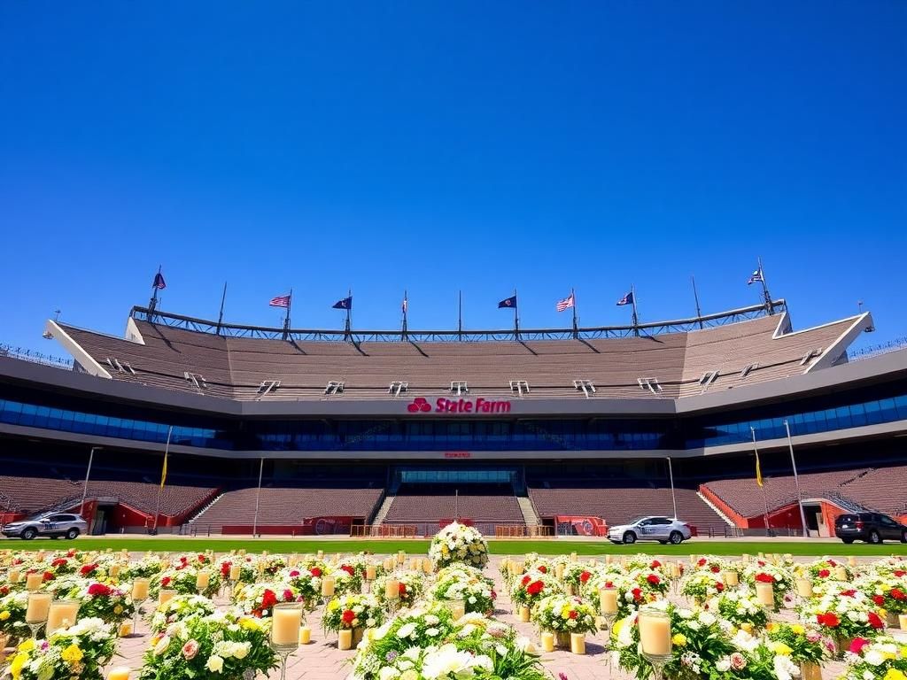 Flick International Grand view of State Farm Stadium with flags at half-mast for Charlie Kirk's memorial service in Arizona