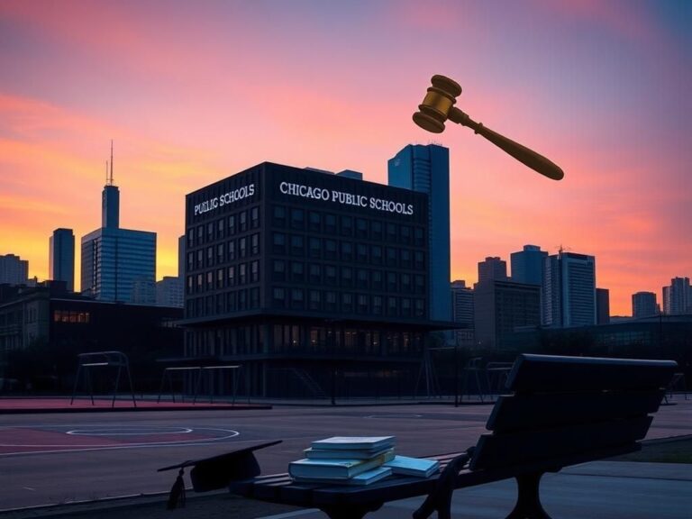 Flick International A city skyline at dusk featuring the Chicago Public Schools building