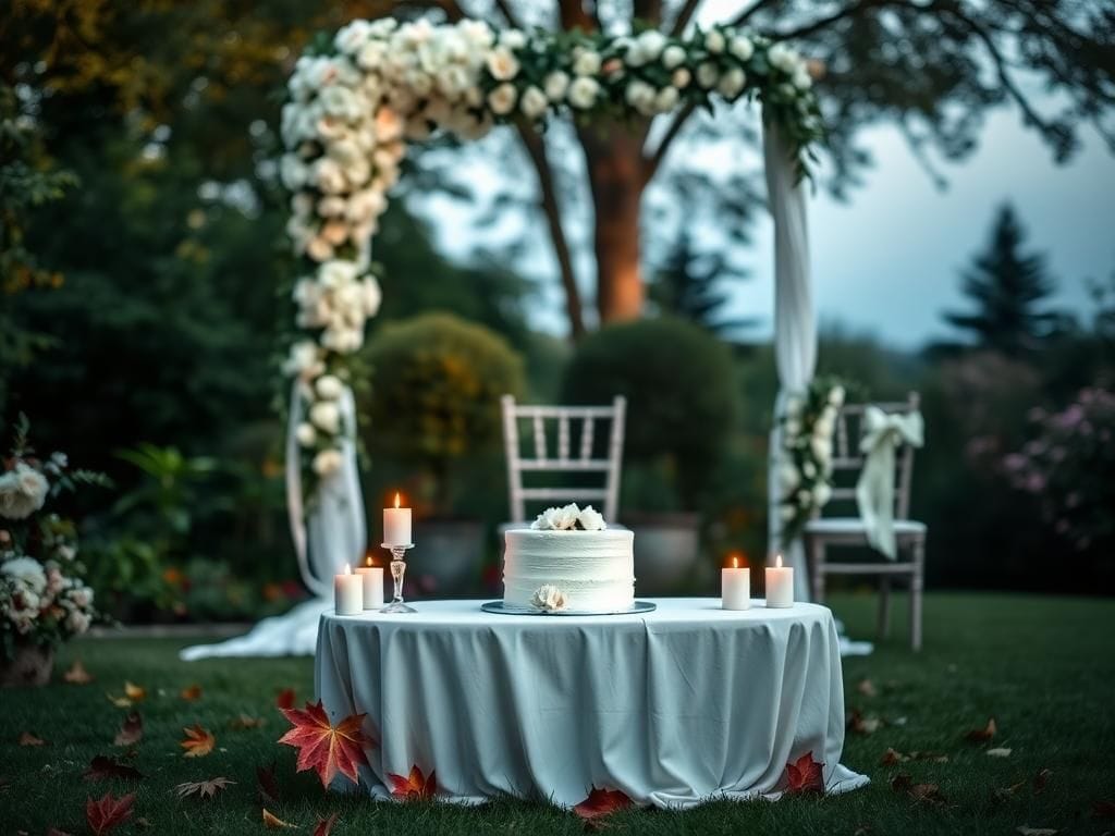 Flick International A serene outdoor wedding scene with a beautifully decorated arch and flickering candles