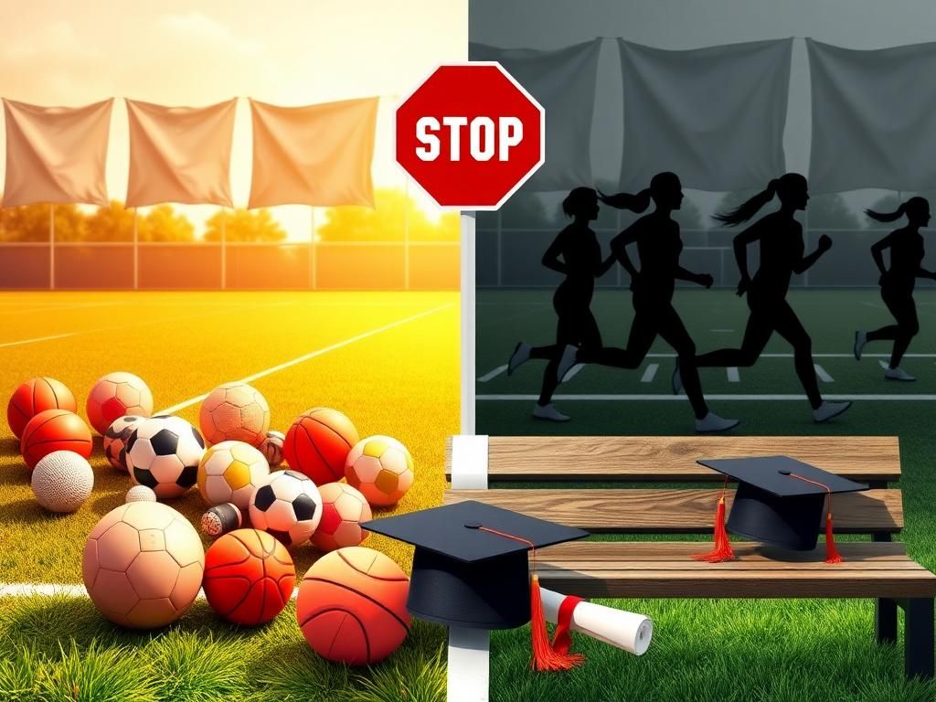 Flick International Split scene illustrating the dynamics of sports and gender identity with vibrant athletic equipment and contrasting somber imagery.