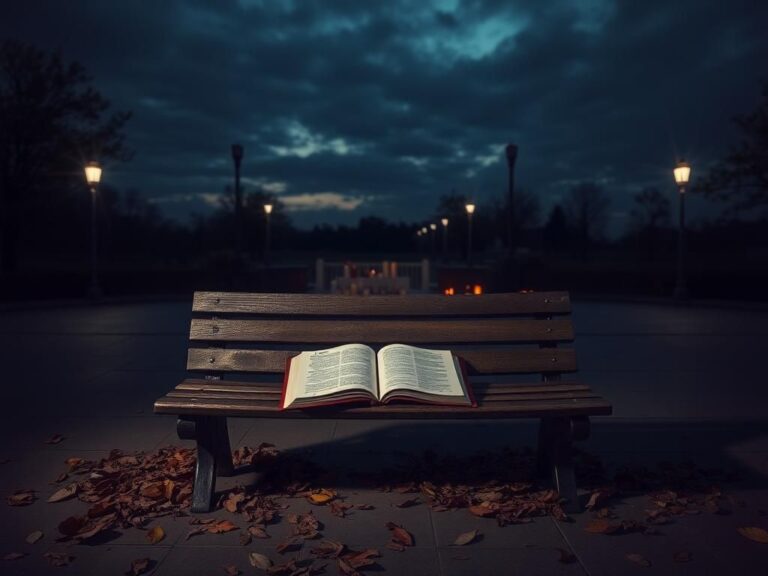 Flick International Reflective scene of an empty park bench surrounded by fallen leaves and a memorial display, symbolizing loss and remembrance.