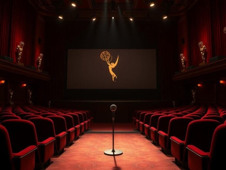 Flick International Dramatic scene of an empty theater with red seats and an illuminated stage reflecting on Hollywood's silence