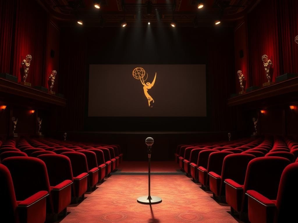 Flick International Dramatic scene of an empty theater with red seats and an illuminated stage reflecting on Hollywood's silence