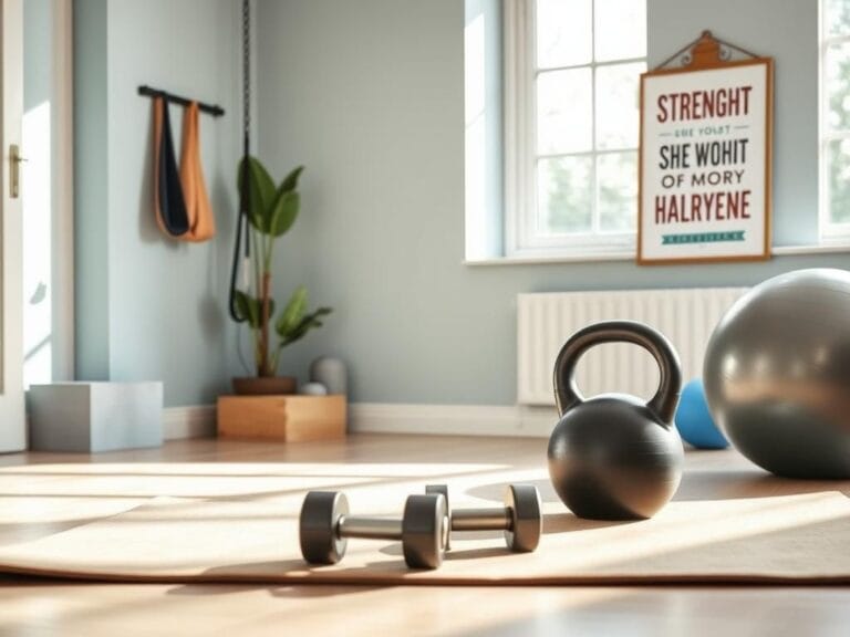 Flick International Strength training setup for older adults featuring dumbbells and resistance bands