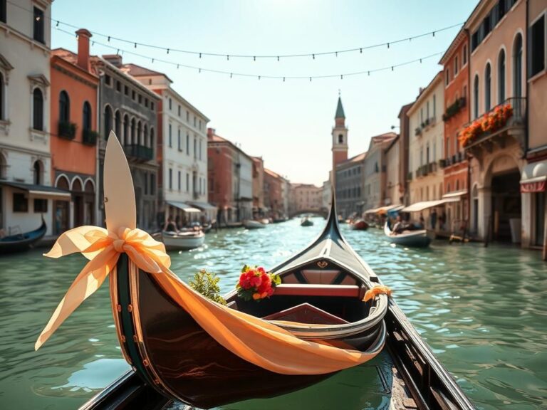 Flick International A serene Venetian canal with a gondola adorned with flowers and fabric.