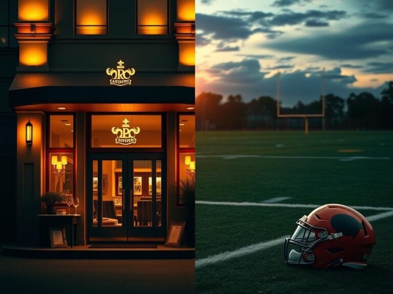 Flick International A split scene showing a luxurious restaurant and a football training camp