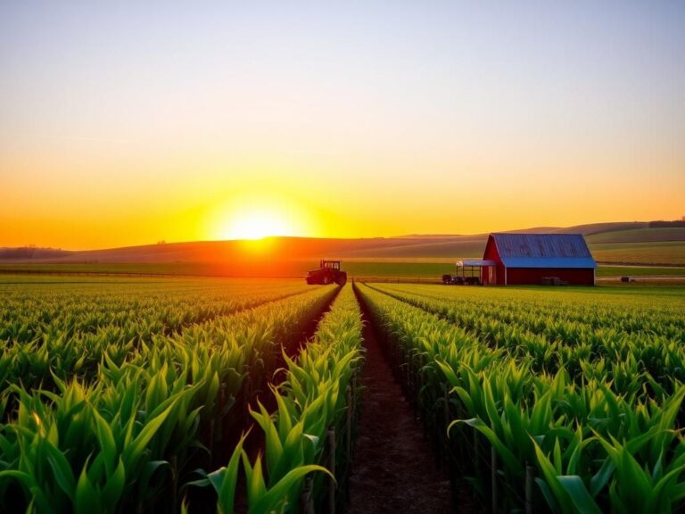 Flick International Vibrant green cornfield at sunset with silhouetted tractor and red barns