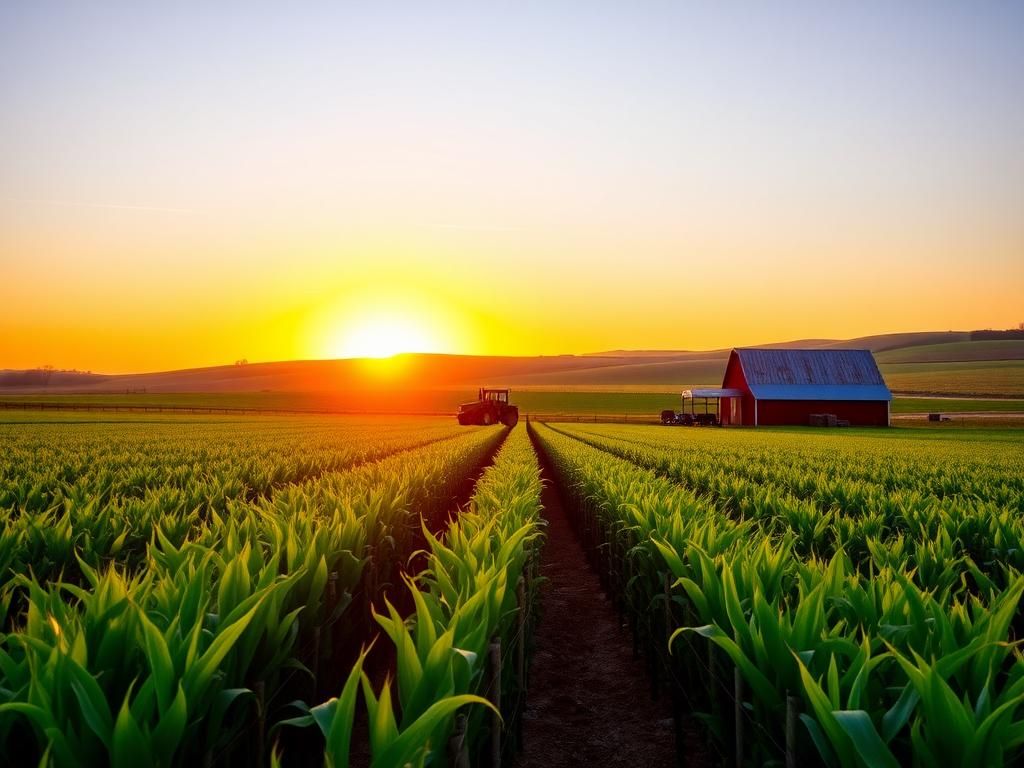 Flick International Vibrant green cornfield at sunset with silhouetted tractor and red barns