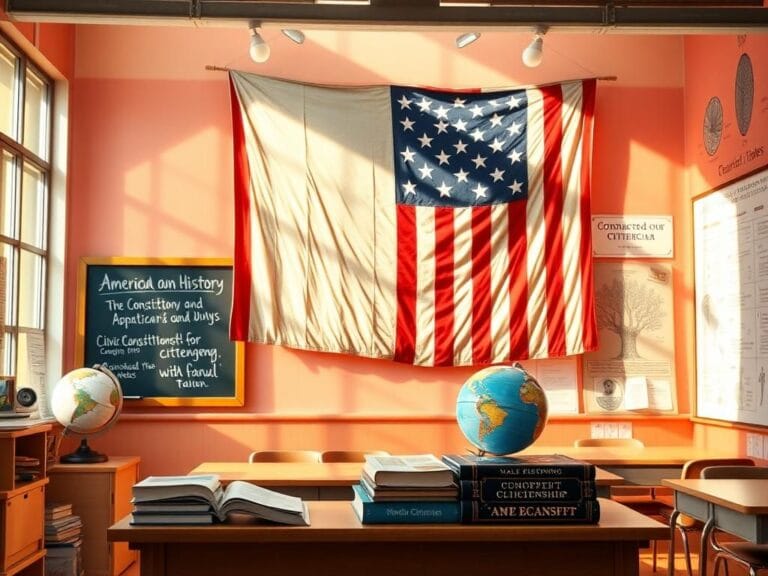 Flick International A vibrant classroom scene showcasing a large American flag with educational materials promoting civic engagement.