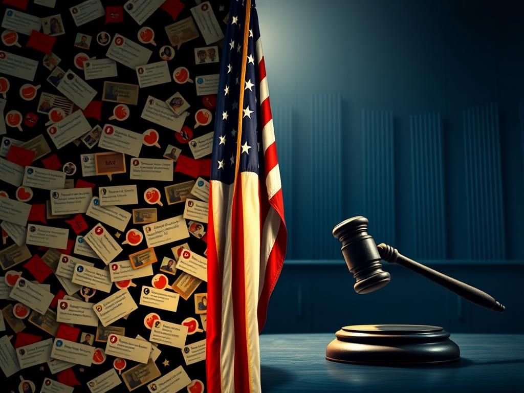 Flick International Digital art contrasting chaotic social media feed with a serene courtroom scene