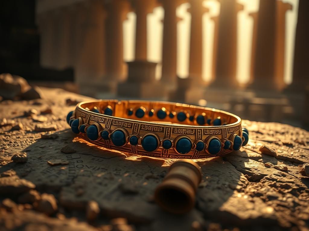 Flick International Close-up of an ancient Egyptian gold bracelet with intricate engravings and lapis lazuli beads