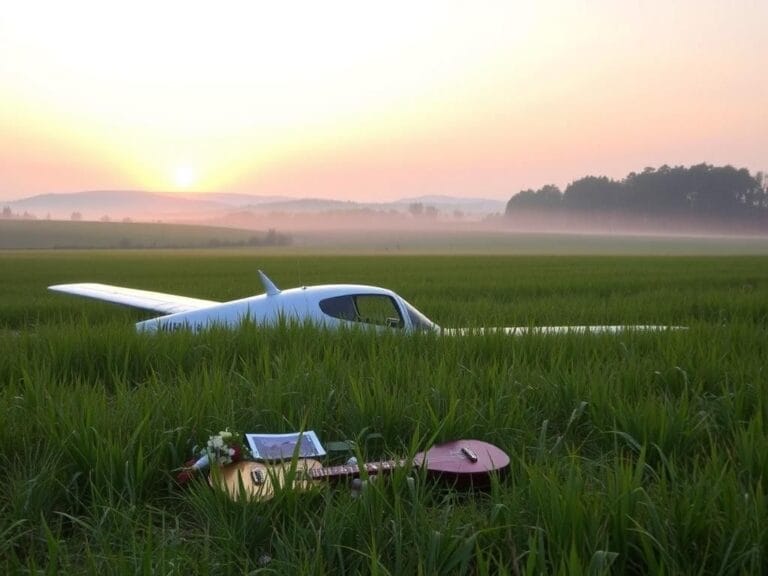 Flick International A serene landscape with a silver aircraft wreckage in a quiet field in Franklin, North Carolina.