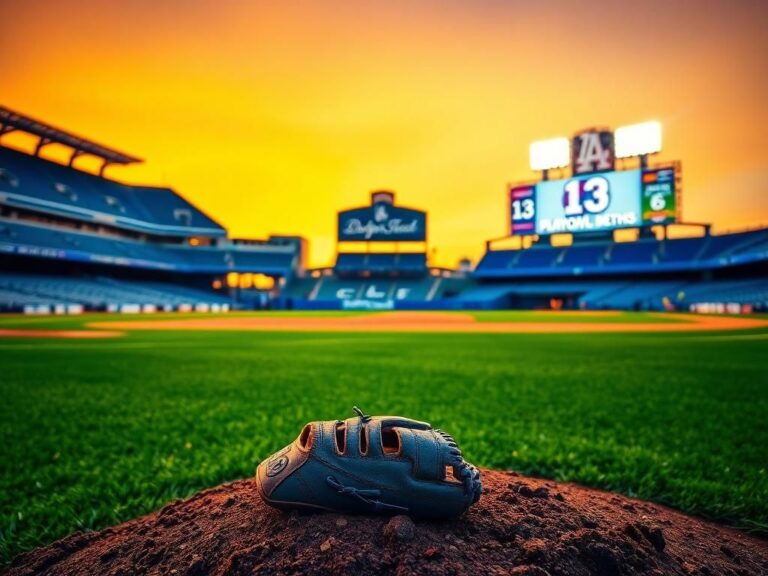Flick International A vibrant sunset over Dodger Stadium with a vintage baseball glove symbolizing Clayton Kershaw's legacy.
