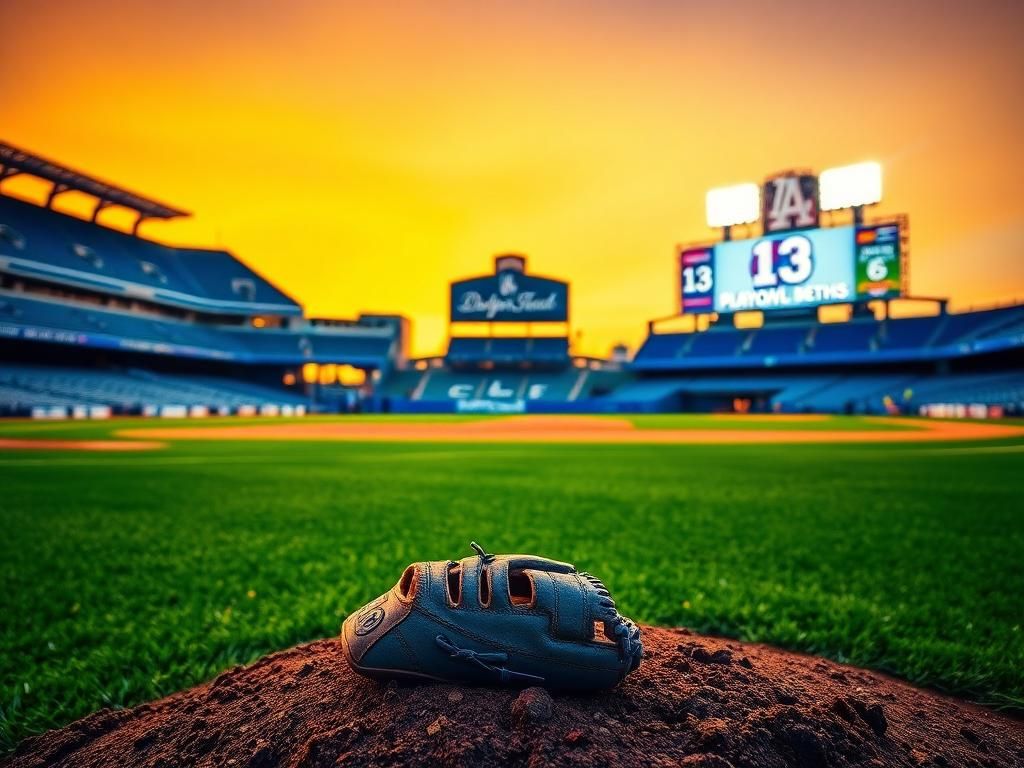 Flick International A vibrant sunset over Dodger Stadium with a vintage baseball glove symbolizing Clayton Kershaw's legacy.