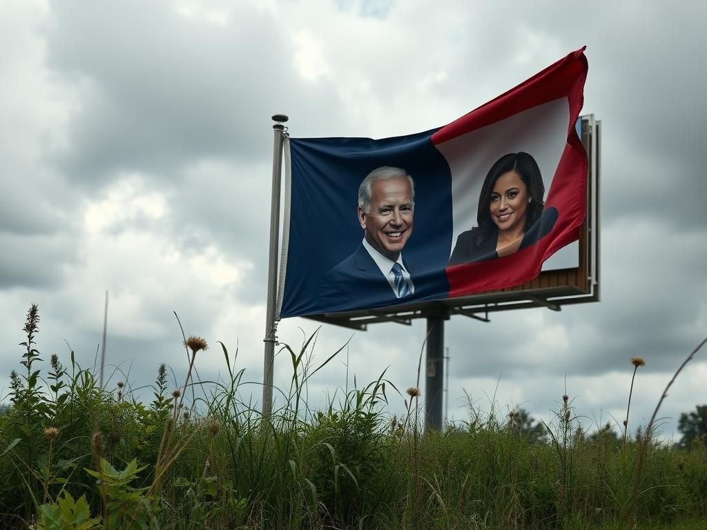 Flick International Pennsylvania state flag waving in the foreground with a dilapidated campaign billboard behind, symbolizing the political tension of the 2024 election.