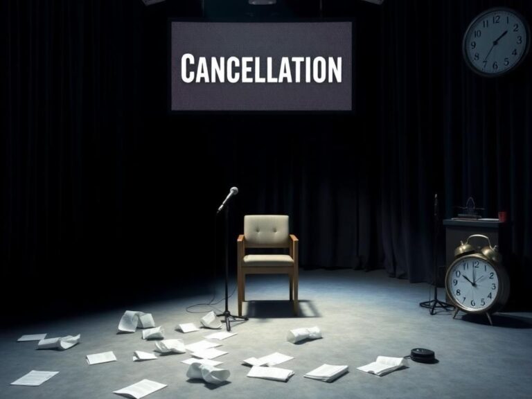 Flick International A dimly lit late-night television studio set with an empty host's chair and microphone.