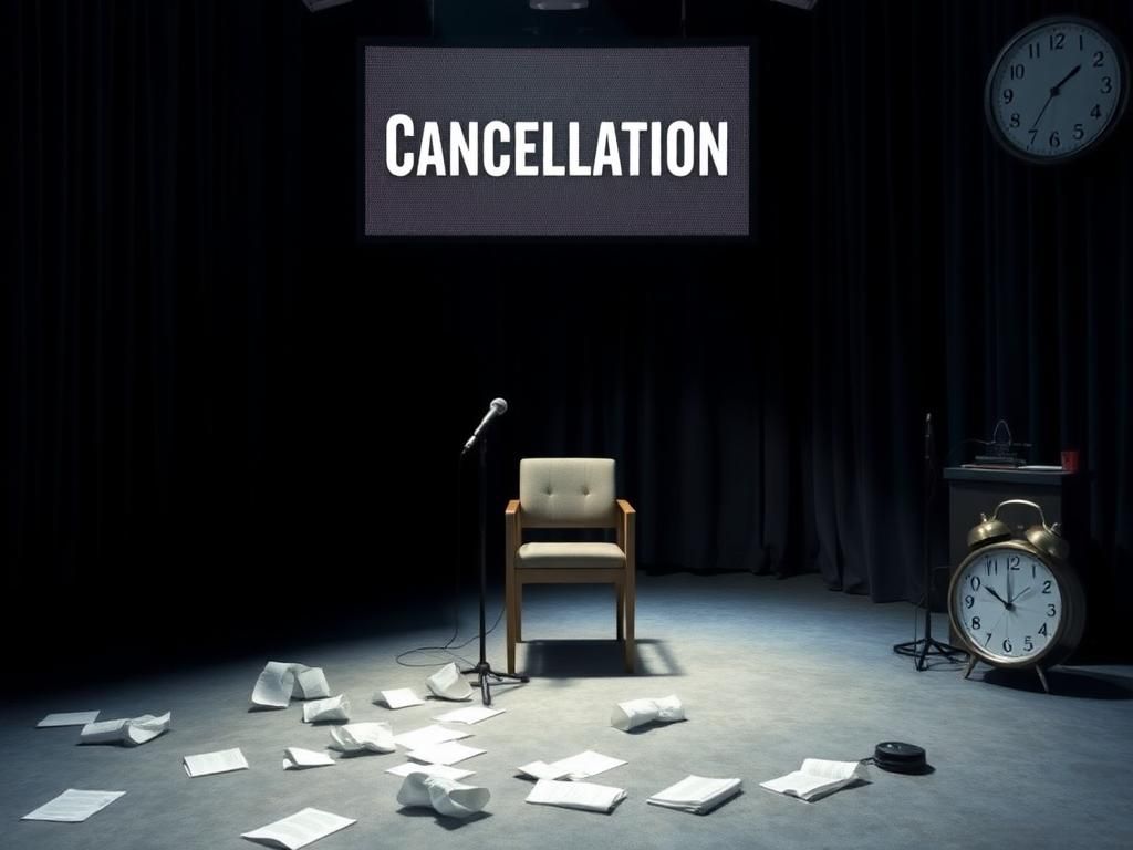 Flick International A dimly lit late-night television studio set with an empty host's chair and microphone.