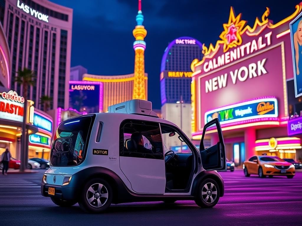 Flick International A vibrant nighttime view of the Las Vegas Strip featuring a driverless robotaxi and iconic hotel neon lights.