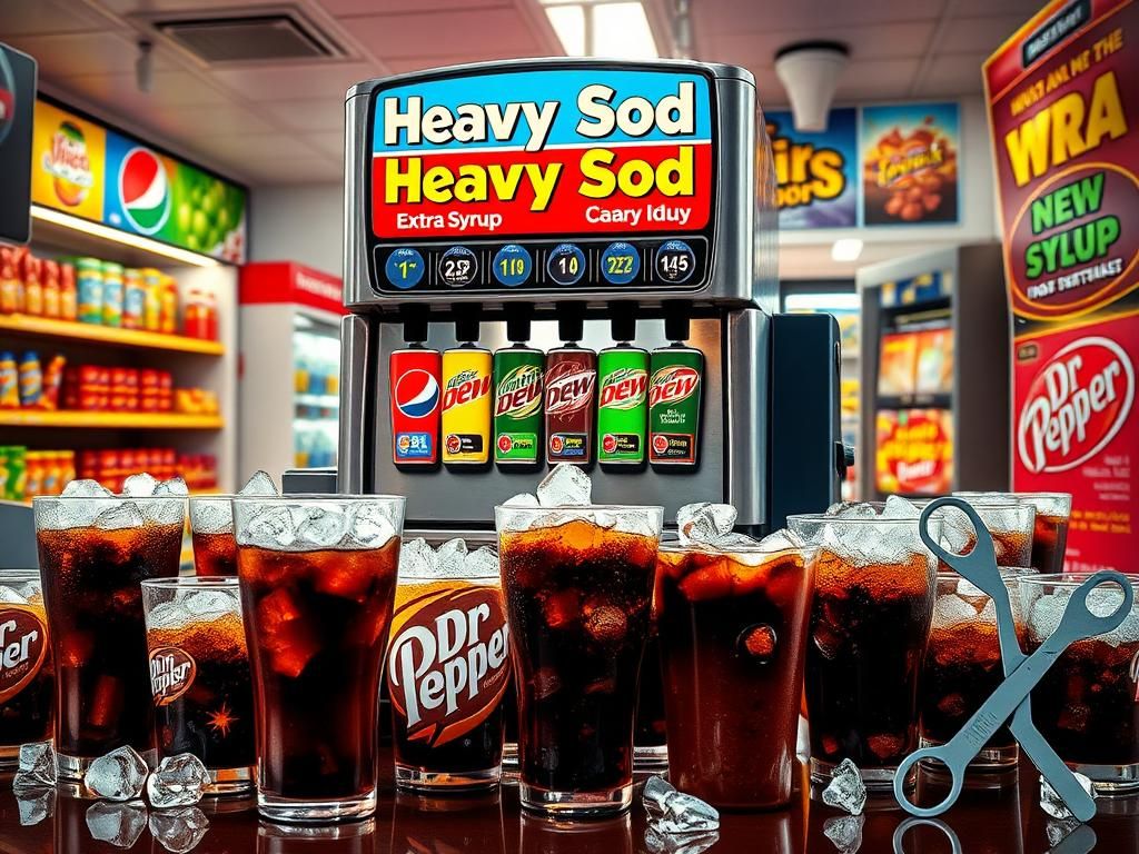 Flick International A vibrant soda fountain machine named 'Heavy Soda' surrounded by colorful soda cups