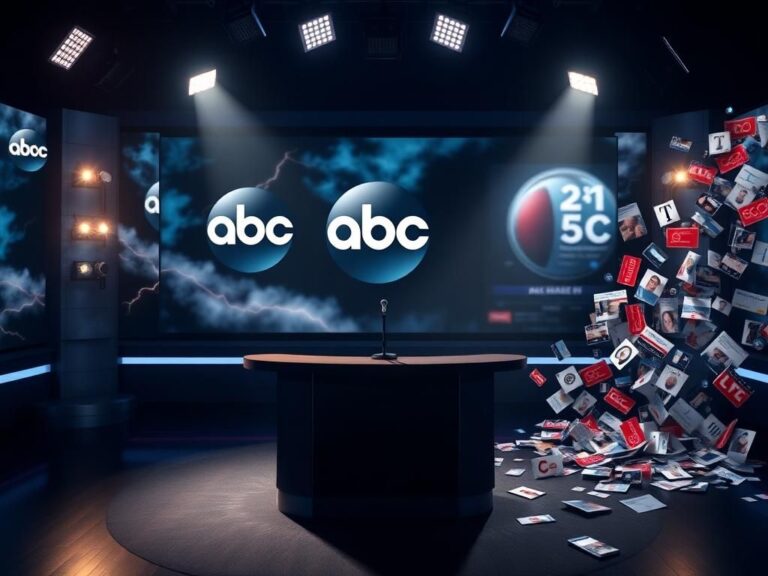 Flick International Dramatic television studio set with empty desk and microphone, symbolizing political tension