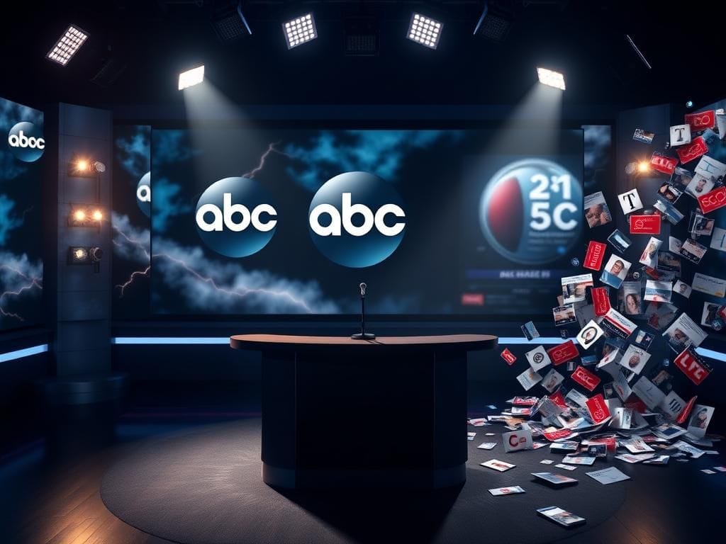 Flick International Dramatic television studio set with empty desk and microphone, symbolizing political tension