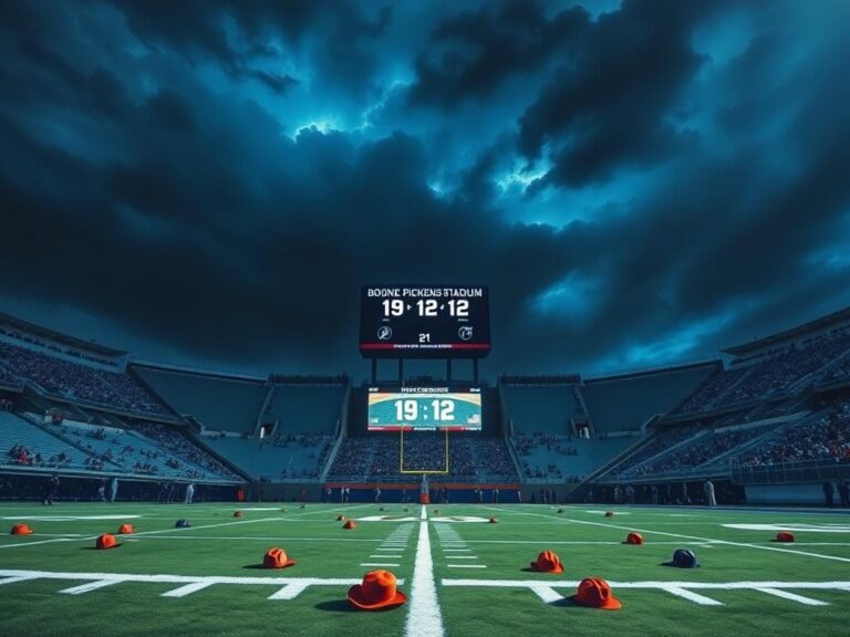 Flick International Oklahoma State football field during a night game with empty stands and scattered cowboy hats