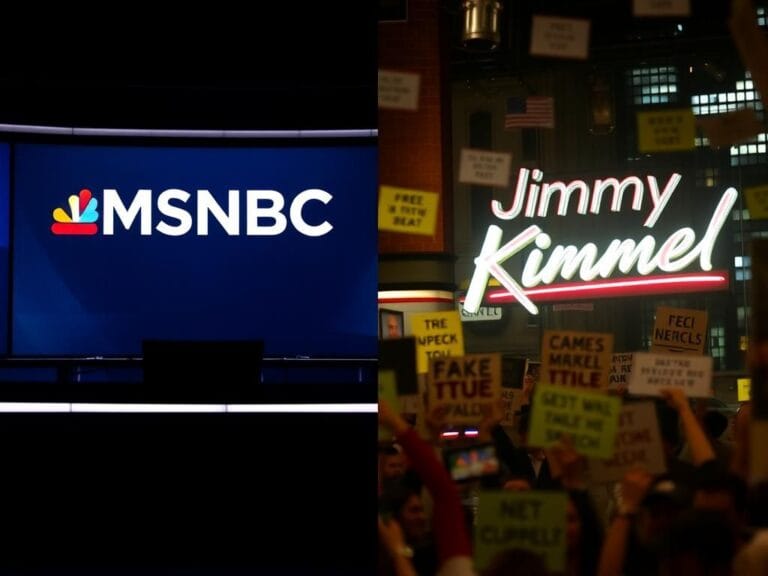 Flick International A split image contrasting a dimly lit MSNBC studio and a vibrant Jimmy Kimmel Live! setting
