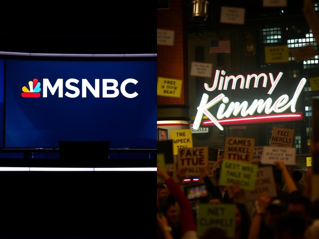 Flick International A split image contrasting a dimly lit MSNBC studio and a vibrant Jimmy Kimmel Live! setting