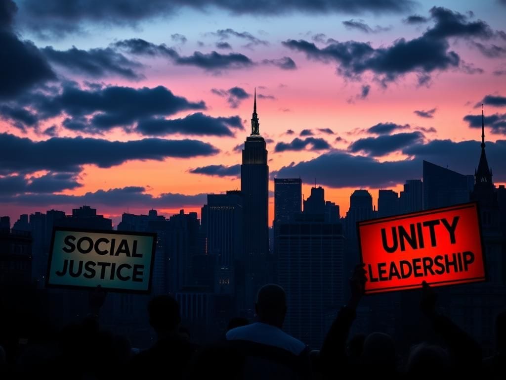 Flick International A dramatic cityscape of New York City at twilight, highlighting iconic skyscrapers and the Statue of Liberty