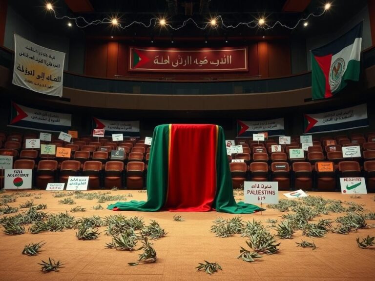 Flick International Empty auditorium with a Palestinian flag draped over a podium, symbolizing political dissent and activism.