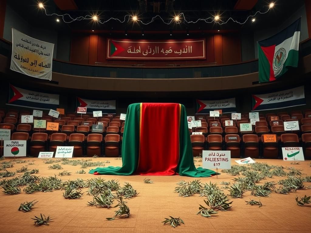Flick International Empty auditorium with a Palestinian flag draped over a podium, symbolizing political dissent and activism.