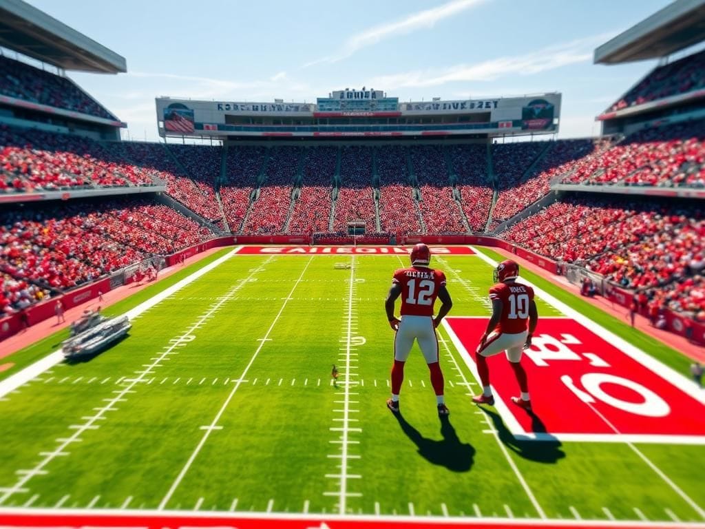 Flick International High-angle view of Arrowhead Stadium during an NFL game focusing on the Eagles' 'tush push' play.