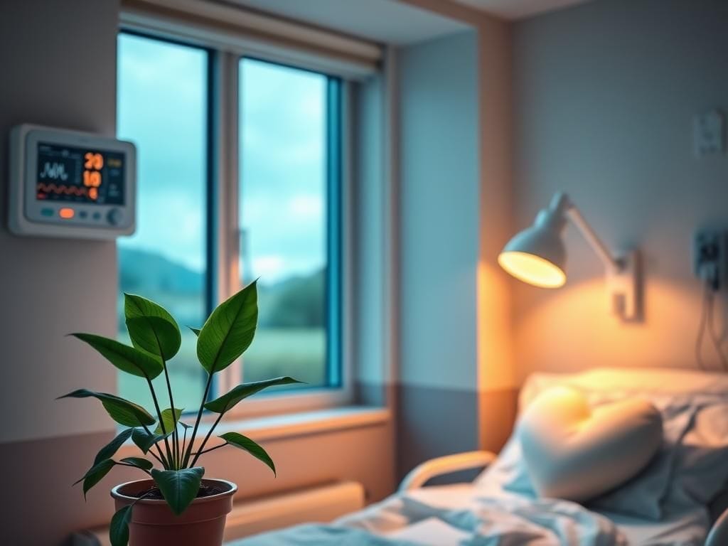 Flick International Serene hospital room symbolizing hope and recovery with a heart monitor and supportive decor