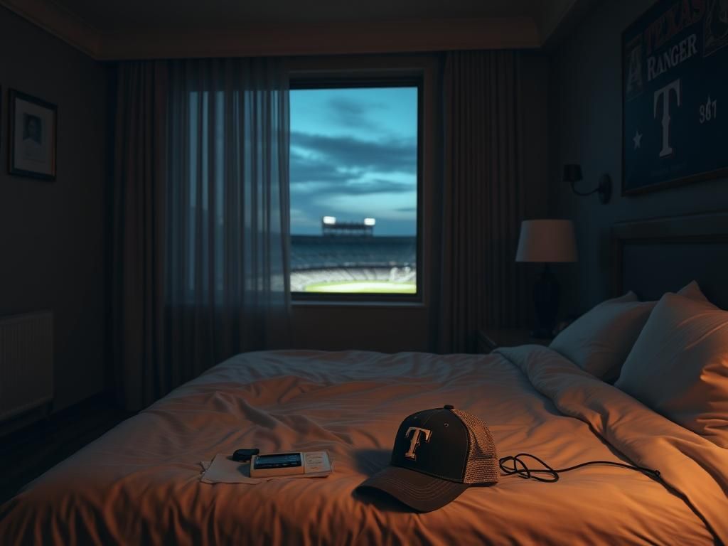 Flick International Somber hotel room with a baseball cap and heart monitor, depicting the essence of loss.