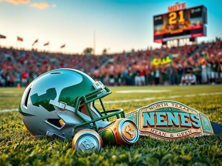 Flick International North Texas football player celebrating with a 'Stone Cold' Steve Austin beer tribute on the field