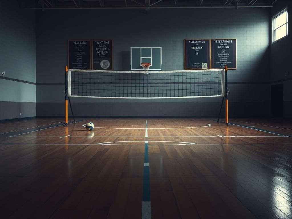 Flick International Empty volleyball court with a net and a volleyball resting off the net, symbolizing paused action