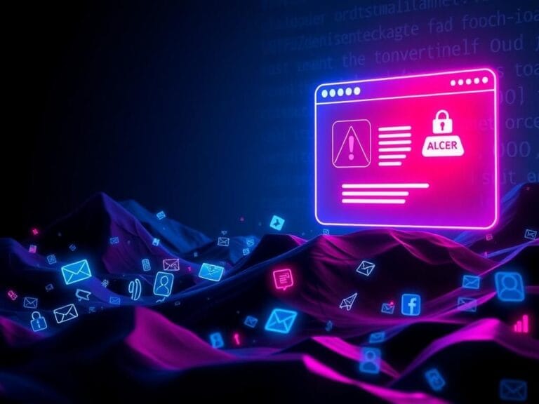 Flick International Abstract composition of a digital landscape showcasing a futuristic AI browser interface with alert symbols.