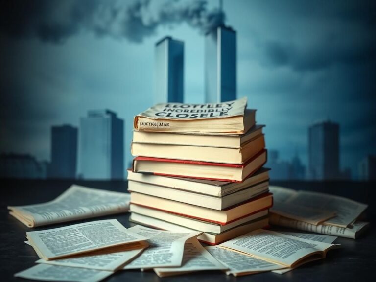 Flick International Stack of books with 'Extremely Loud and Incredibly Close' on top, surrounded by loose pages containing blurred profanity excerpts.